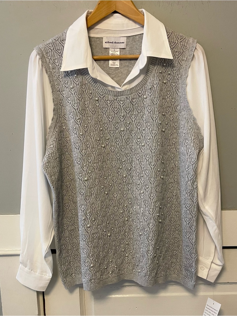Pointelle Faux Pearl Lace Two-in-One Blouse